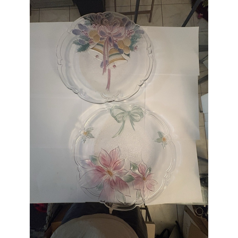 Vintage Christmas Glass Platters 14" Lot 2 Poinsettia & Holiday Bells Round